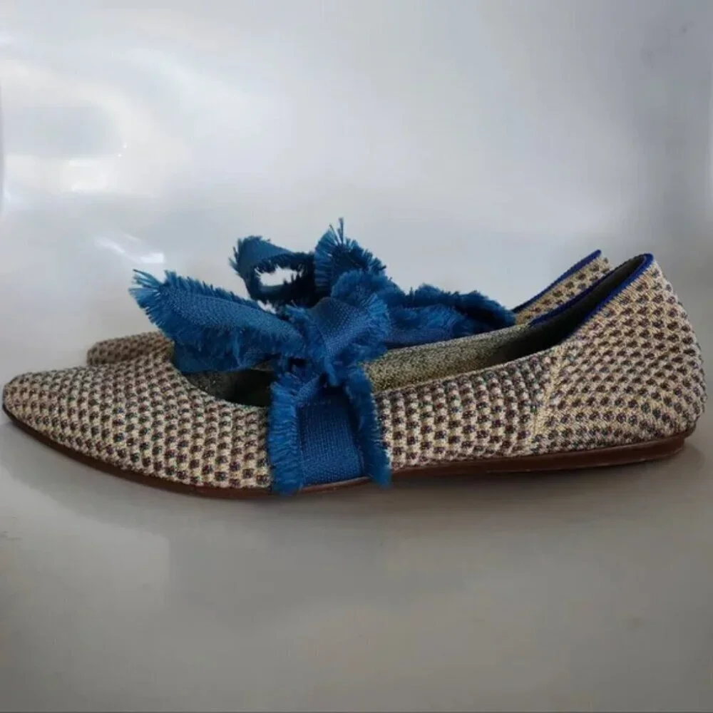 Rothy's Multi Metallic Mary Jane Flats Blue Ribbon Bow Ballet Shoe Pointed Sz 7
